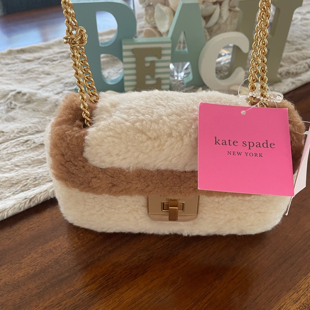 NWT Kate Spade Cream/Tan Faux Shearling Evelyn “Teddy” Small Shoulder Bag Cream